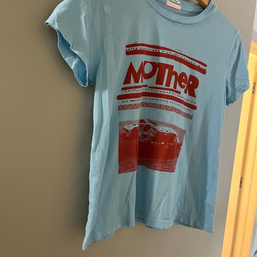 MOTHER women’s small Light Blue Tee with Red Car Graphic